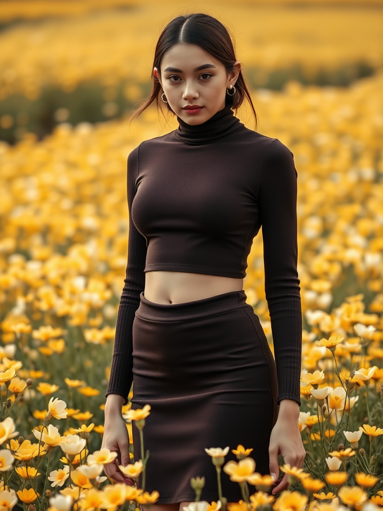 A slim girl in a dark brown turtleneck crop top and a dark brown body-tight skirt, surrounded by a field of yellow and white petal flowers, close-up shot, slim model face.