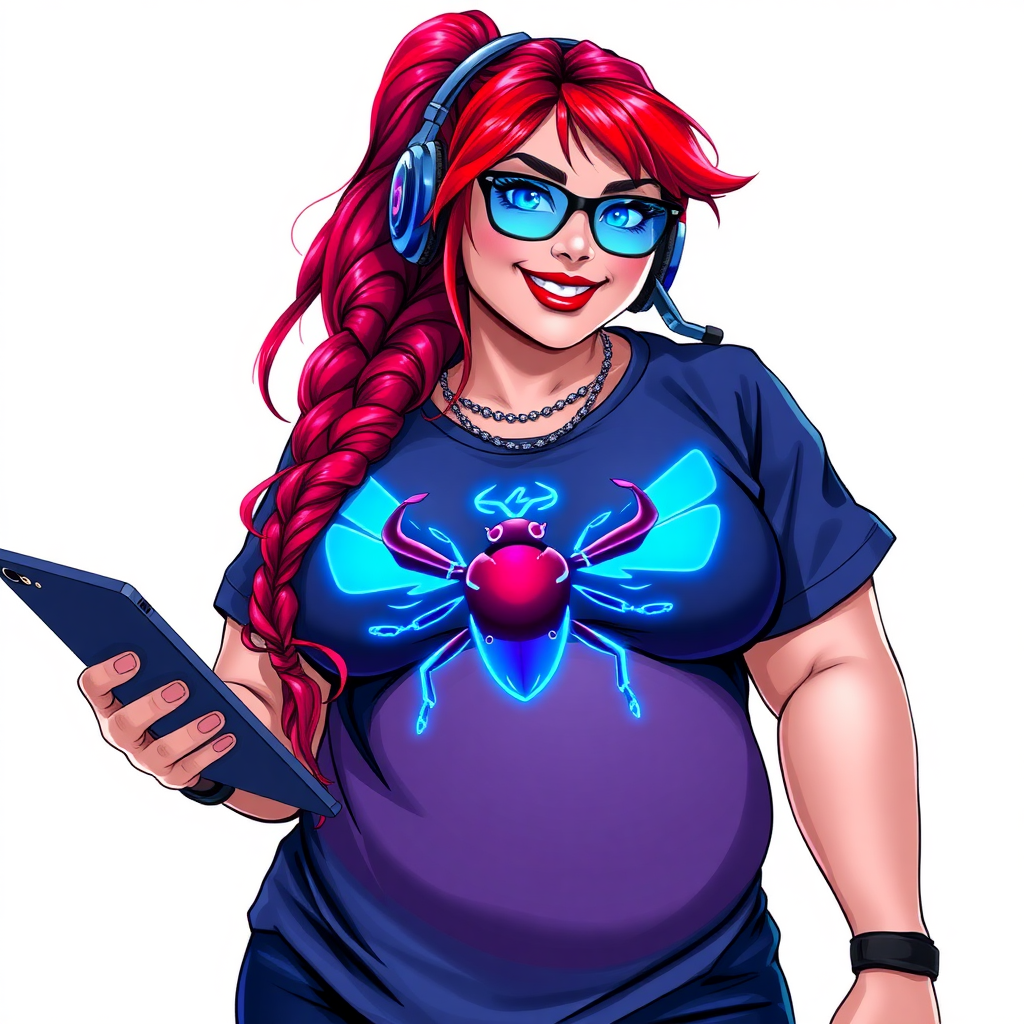 A cyberpunk vigilante’s full-figured intelligent and tech-savvy 29-year-old girlfriend, who is a computer hacker and tech genius. She has a long ruby red ponytail and bright blue eyes. She wears a sapphire beetle gemstone necklace, and an oversized Maximum Blue (RGB 71, 171, 204) t-shirt featuring a giant neon blue glowing chest icon of a winged beetle. She has a full-figured physique with a prominent, gargantuan, round midsection, reflecting her well-cared-for lifestyle. The midsection is heavily emphasized. She sports a sapphire headset with hi-tech Maximum Blue (RGB 71, 171, 204) lensed HUD visor, Maximum Blue (RGB 71, 171, 204) lipstick, black eyeglasses, and a beaming smile with a passionate bright red blush. Despite her figure and a lack of self-esteem, she radiates an air of beauty. She has an angular face which contributes to her radiant beauty. She serves as his tech expert from his hideout, holding a holographic tablet and a hi-tech tool wrench. The background is solid white. She is drawn as if she was in a retro 2D cyberpunk fighting game. Make sure her shirt covers her round midsection.