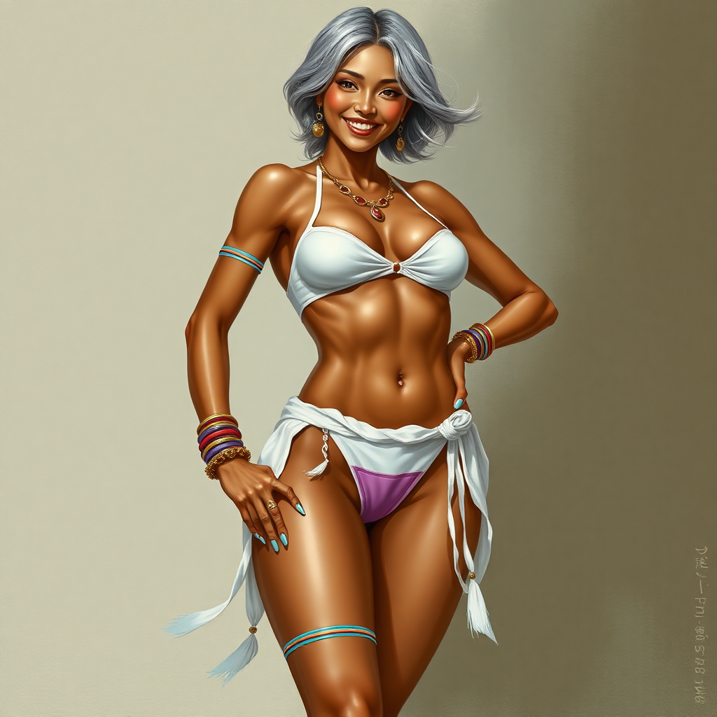 Uncommonly tall for a woman; being 6' (183cm) tall. She has brown skin and short flowing silvery hair. She is barefoot and has long, powerful legs. She has abs and is muscular. Her fingers and toenails are painted sky-blue. Her attire consists of a white primitive scant revealing two-piece bikini-like outfit with pale red, sky-blue, gold and purple bands on her neck, arms, wrists, shins, and ankles. fantasy painting high contrast, symmetrical proportional asian face. well-drawn, highly detailed, and beautiful rendering. One hand holding hips, joyful smile, exaggerated tilted sexy pose.