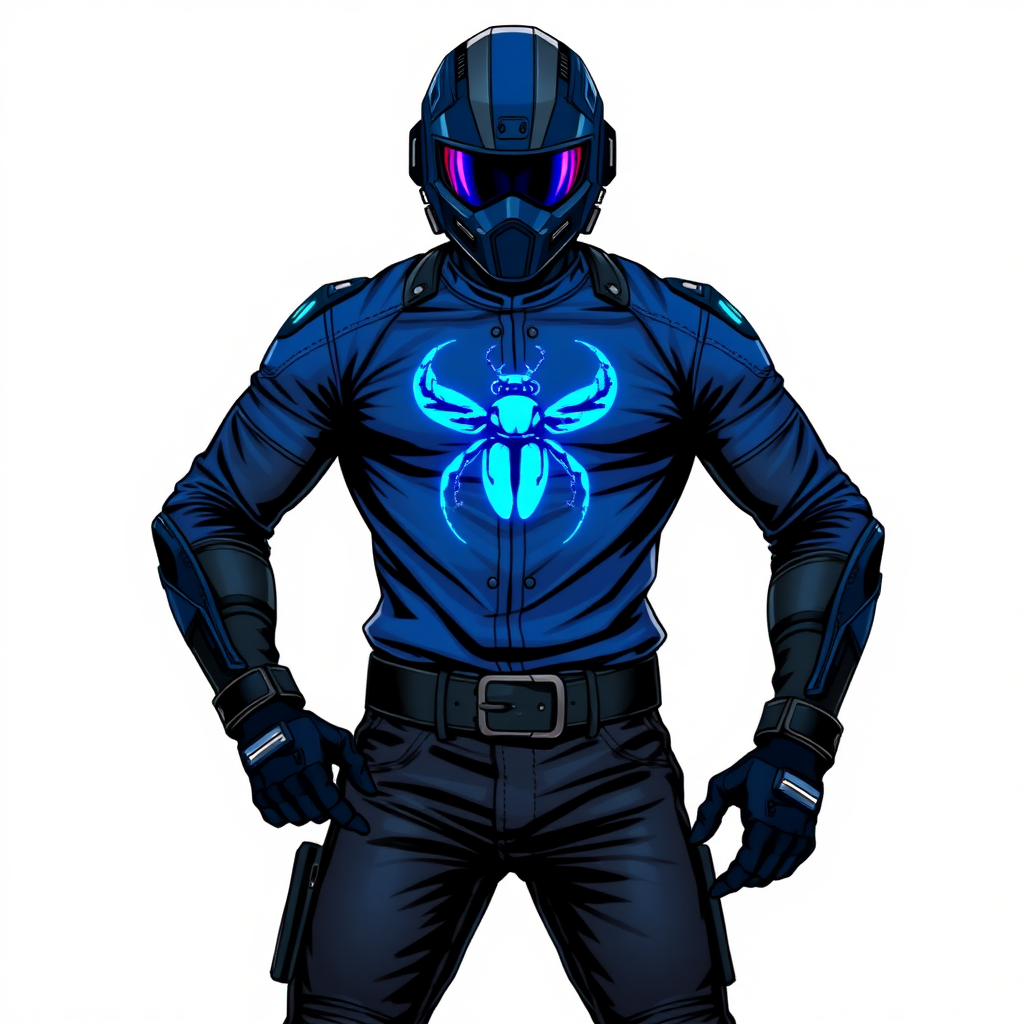 A 28-year-old hi-tech cyberpunk vigilante stands heroically, clad in hi-tech, maximum blue leather shirt featuring a neon blue beetle on the chest. He wears black biker pants, a black belt with a sapphire beetle buckle, and a helmet resembling a sleek, tactical design, but colored maximum blue with neon blue glowing lenses. Their hands are protected by black hi-tech gloves, all set against a solid white background. He is drawn as if he was in a retro 2D cyberpunk fighting game.