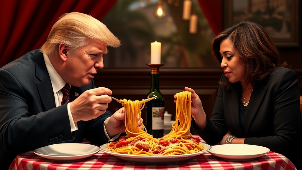 Photoreal style. ratio: 16:9. Donald Trump and Kamala Harris eating in an Italian restaurant a la the one in 'Lady and the Tramp.' Checkered tablecloth, Chianti bottle used as a candle holder. Both humans are eating spaghetti from one shared plate with their hands, and end up eating the same long piece of spaghetti, making their heads very close.