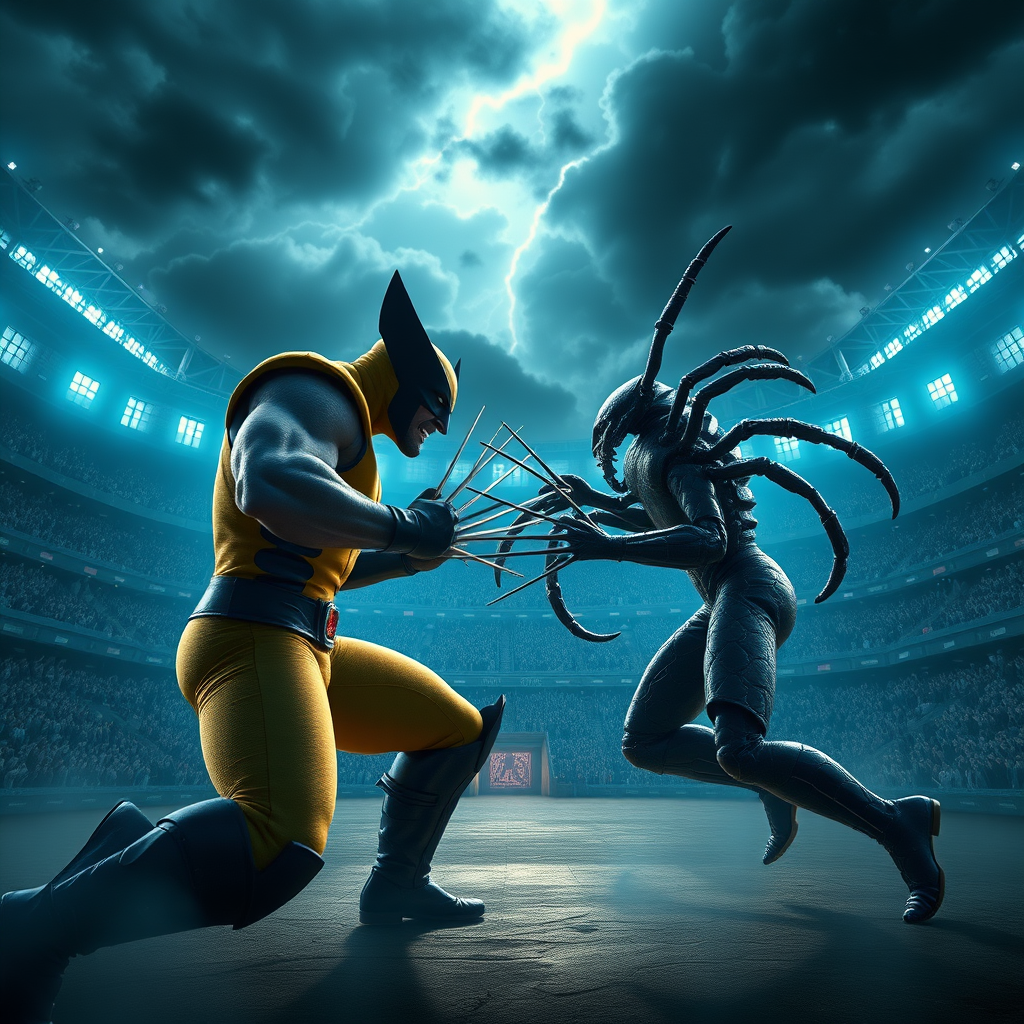 In the center of a vast stadium, Wolverine faces off in a fierce battle with the tick. The 3D rendered image is stunningly photorealistic, every detail brought vividly to life. A magical, ethereal glow surrounds the scene, casting intricate dramatic shadows on the combatants beneath a stormy sky. The impeccable quality of the rendering immerses viewers in the epic clash between these legendary figures, creating a truly mesmerizing visual experience.