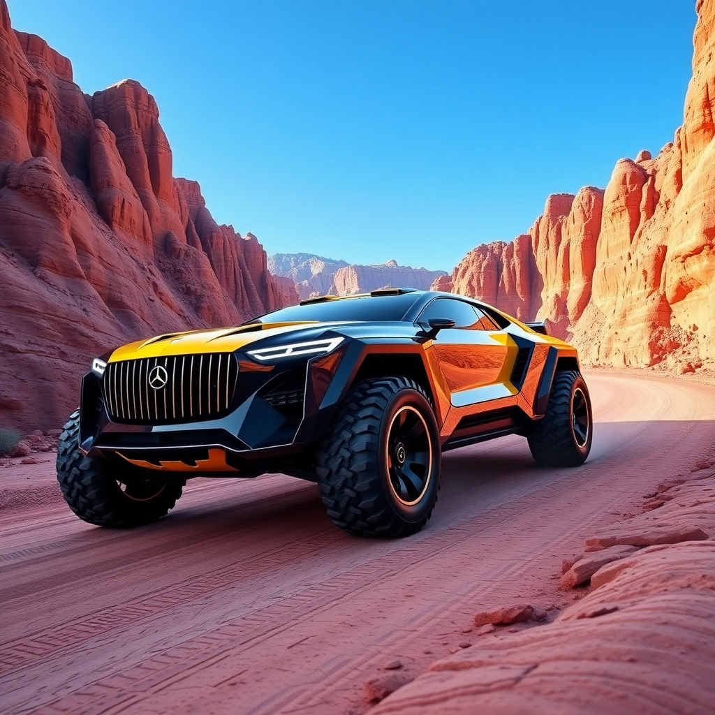 A 3D render of a futuristic Maybach supercar with off-road tires. The car is inspired by the Megazord and has a black and yellow color scheme. The car is driving through a canyon with steep cliffs. The background is clear blue sky.