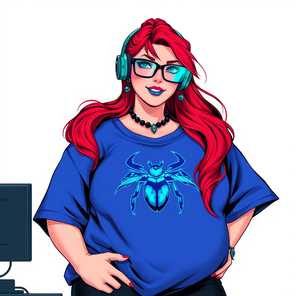 A cyberpunk vigilante’s full-figured intelligent and tech-savvy 28-year-old girlfriend, who is a computer hacker and tech genius. She has a long ruby red ponytail. She wears maximum blue lipstick, bright blue eyes, a sapphire beetle gemstone necklace, sapphire earrings, black eyeglasses, and an oversized maximum blue t-shirt featuring a blue sapphire gemstone crusted beetle chest icon. She has a full-figured physique with a prominent, massive, round belly, reflecting her well-cared-for lifestyle. She sports a sapphire headset with a hi-tech maximum turquoise lensed HUD, and a shy smile with a neon red blush. She serves as his tech expert from his hideout, diligently working at her lab table computer desk. The background is solid white. She is drawn as if she was in a retro 2D cyberpunk fighting game. Ensure her t-shirt covers her belly.