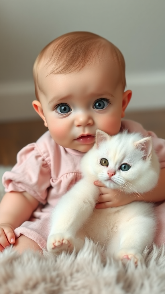 A cute small chubby fair baby with big eyes, pink lips, and pink cheeks, wearing a light pink frock, sitting on a furry rug and holding a white fluffy cute cat.