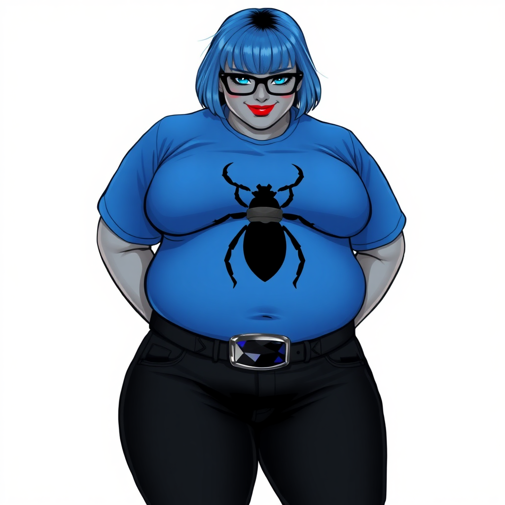 A 28-year-old, full-figured, metallic middle gray skinned computer program hybrid with a short maximum blue bob cut. She has a non-athletic build, highlighted by a prominent, round midsection (with a focus on her round belly). As a digital sidekick to her cyberpunk vigilante boyfriend, her middle gray metallic skin and maximum blue lipstick emphasize her digital nature. She wears a huge, tight-fitting, maximum blue t-shirt (accentuating her belly) with a black chest icon of a beetle, black pants, a black belt with a sapphire scarab buckle, and black gloves. Her bright blue eyes, black eyeglasses, and shy smile with neon red blush accentuate her nerdiness. She bashfully bows her head (while still facing the screen) with her hands behind her back, her t-shirt covers her midsection (especially her belly) and emphasizing her full-figured, non-athletic physique. She is on a solid white background. She is drawn as if she was in a retro 2D cyberpunk fighting game. She is clearly non-athletic, with a focus on her full figure. Make sure her outfit covers all of her bare skin (especially her midsection).