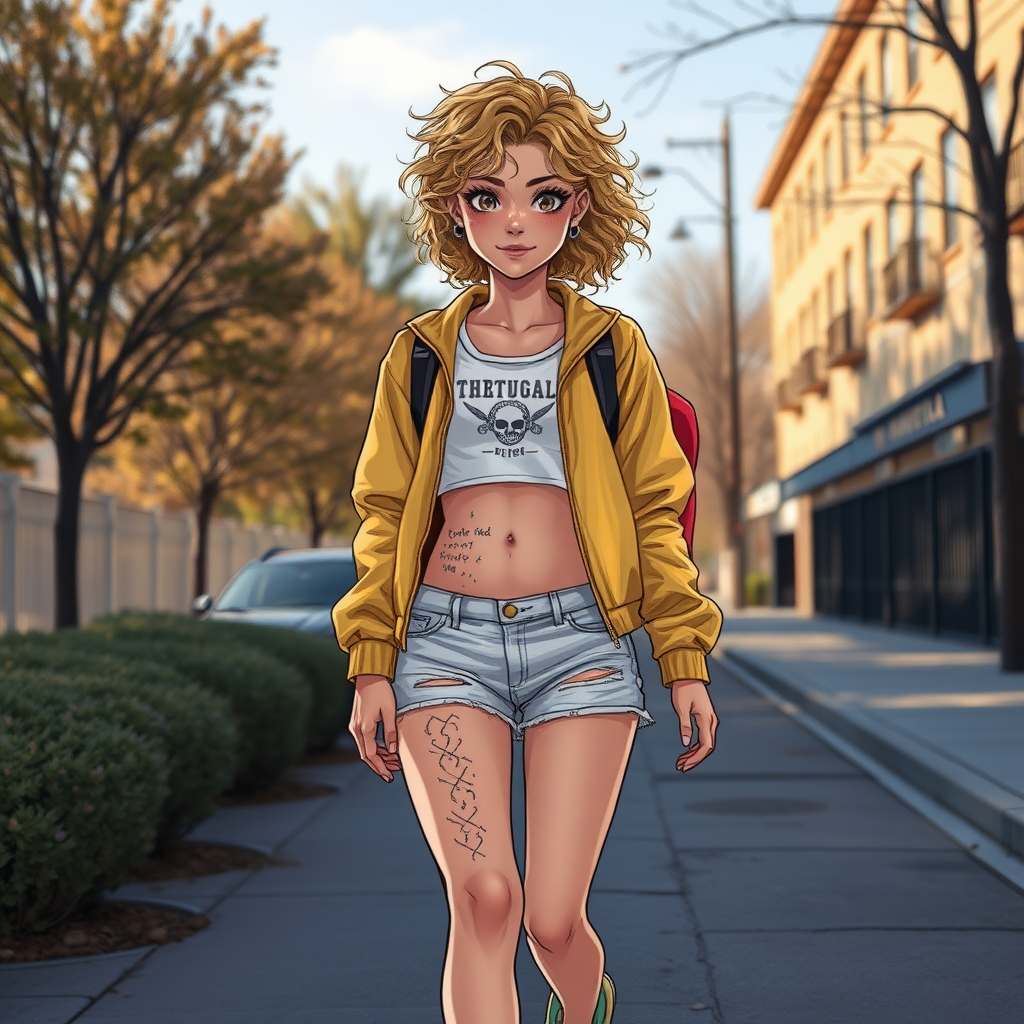 Realistic drawing style image, Extremely good quality 8k resolution drawn manga image of a 15 year old petite and short tomboy girl with golden blonde curly hair with mixed and different colored eyes for each eye and moles on her entire body and is a white American girl, Has on a Gold Jacket over a white extremely short crop top only covering her breasts and nothing more with a design on it, and has on ripped shorts and cool looking sneakers and a deep and big knife cut wound on her stomach from a huge injury she had, with a bright color backpack, ear piercings on, walking on the street to school in the morning with the beautiful sunlight lighting up her body beautifully with no tattoos.