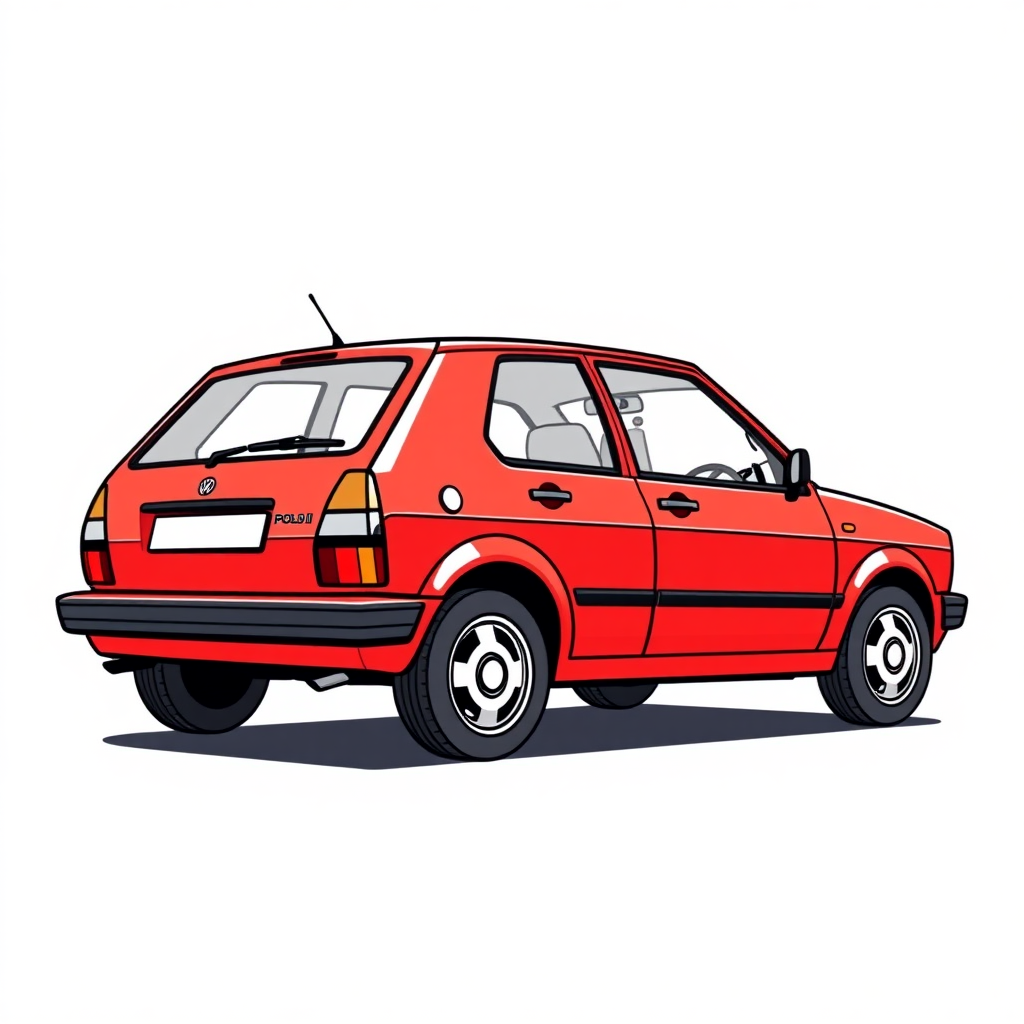 red vw polo II car, long establishing shot, 2D, caricature, cartoon, Sketch lines, coloring book, coloring book style on white background, well composed, clean coloring book page, No dither, no gradient, strong outline, No fill, No solids, vector illustration, realistic proportions, blueprint, left side view