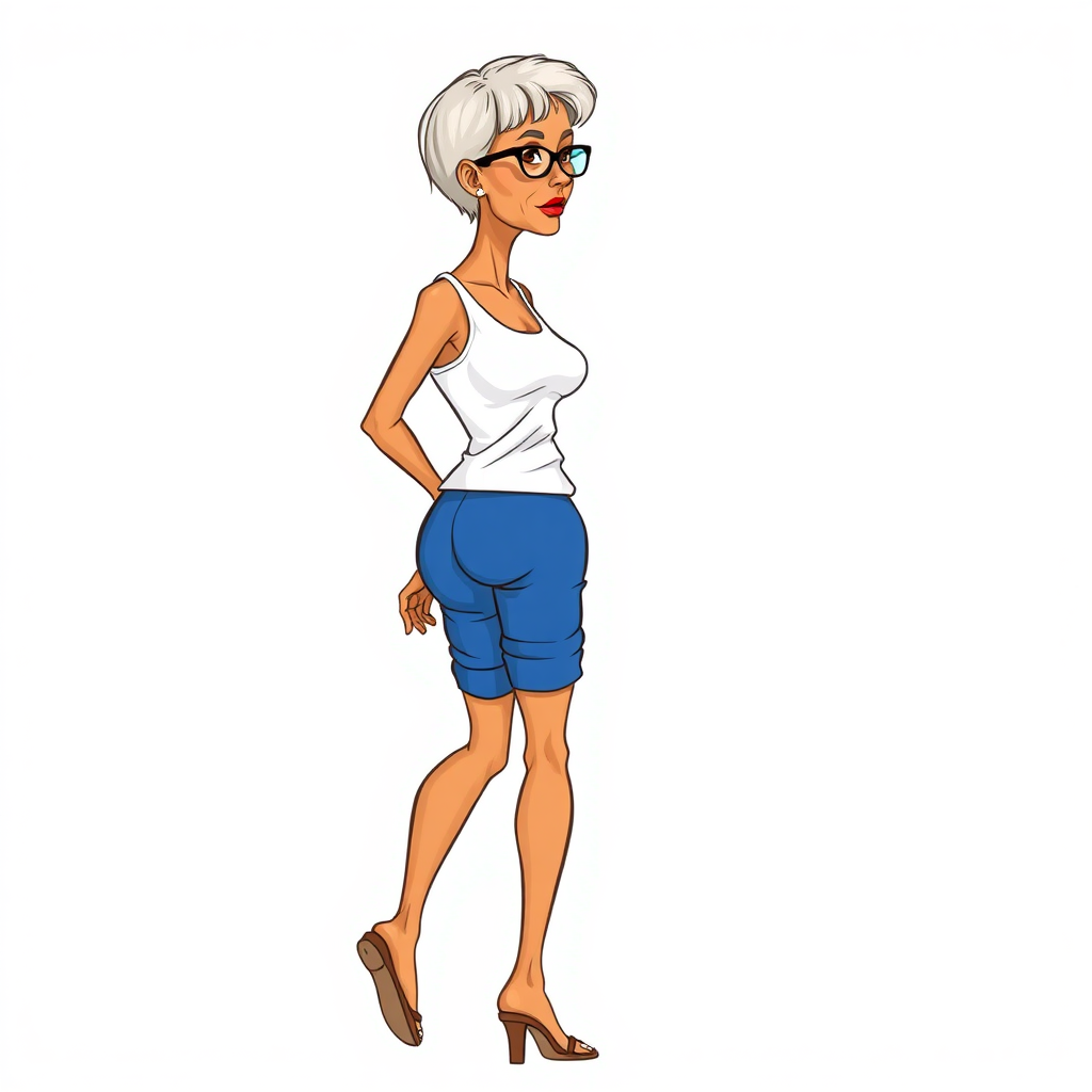 55 Years old, European, Latina, sharp aquiline nose, wrinkles, high cheekbones, Middle Eastern, Skinny, Tanned skin, Dark light skin, Rounded Medium breasts, Skinny thighs, round ass, full Makeup, jewelry, Serious face, Sharp nose, blushing, Ash hair, short bowl haircut, Brown eye color, Glasses, with detailed features. swaying hips, She is walking away, back side view, she is looking at the boy over her shoulder, she is wearing a white tank top and tight blue ruched shorts, visible panty line, detailed fabric.  full body, high heels sandals, long establishing shot, 2D, caricature, cartoon, Sketch lines, coloring book, coloring book style on white background, well composed, clean coloring book page, No dither, no gradient, strong outline, No fill, No solids, vector illustration, movement lines.