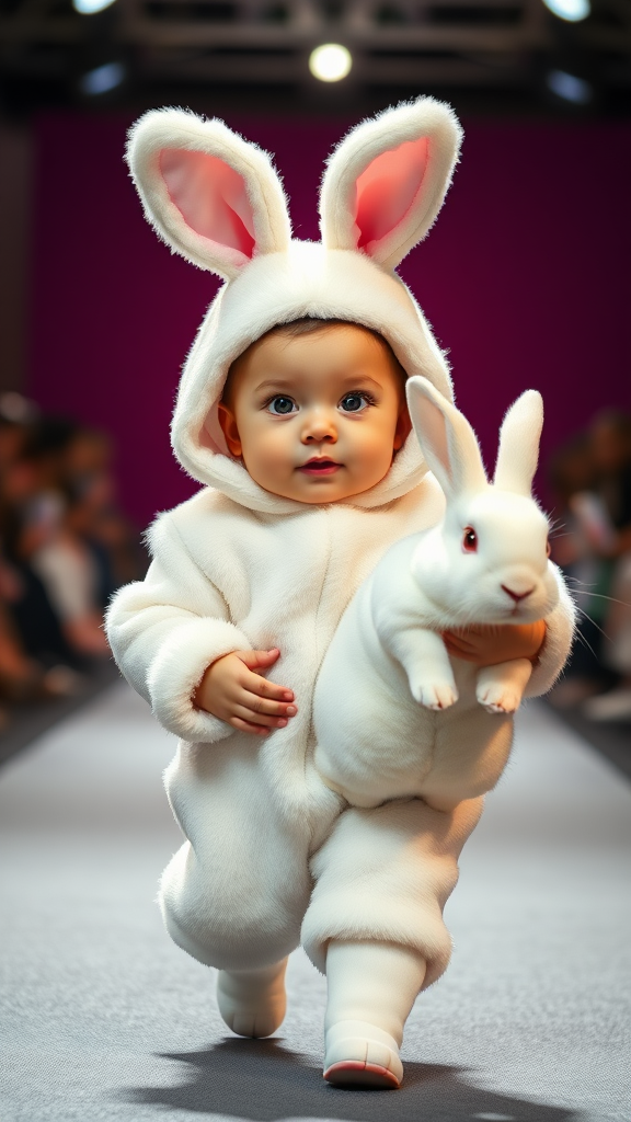 A cute small chubby fair baby with big eyes, pink lips, and pink cheeks, wearing a furry cozy white rabbit costume, doing a ramp walk in a fashion show, walking with a real big white rabbit held in hands, cinematic.