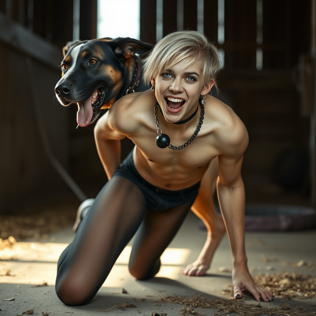 photorealistic, ultra high resolution, 16K, surreal fantasy, soft studio lighting, Caleb Swift is a pretty 16 year old goth male, slim male physique, blonde hair, blue eyes, goth makeup, earrings, sheer black pantyhose, spikey neck collar with chain, kneeling and leaning forward on the floor of the barn while his large dog rests its front legs on Caleb's back, during daytime, excited open mouth smile, small black ball-gag, drooling a stream of saliva from his mouth, bulging crotch, facing the camera.