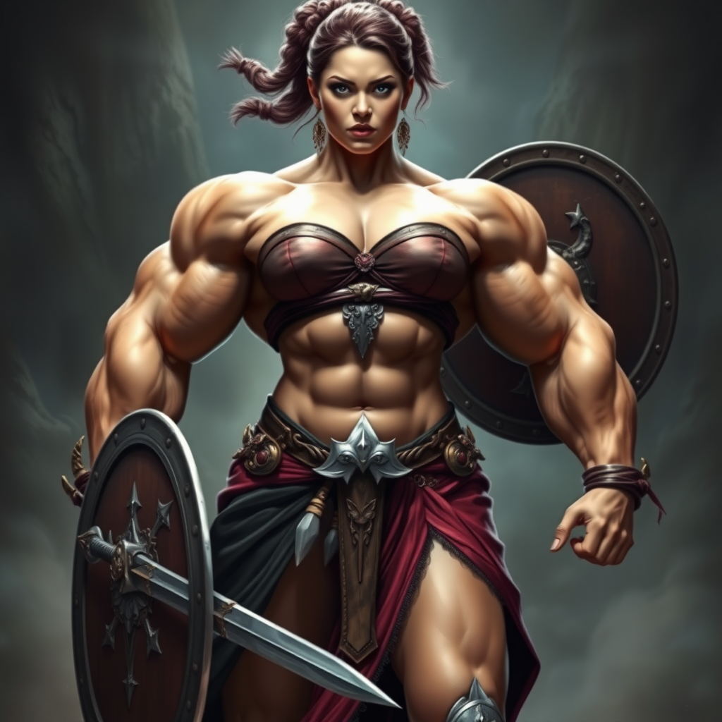 massive huge jacked muscular strong girl bodybuilder, strapless dress, warrior princess with sword and shield, real photo