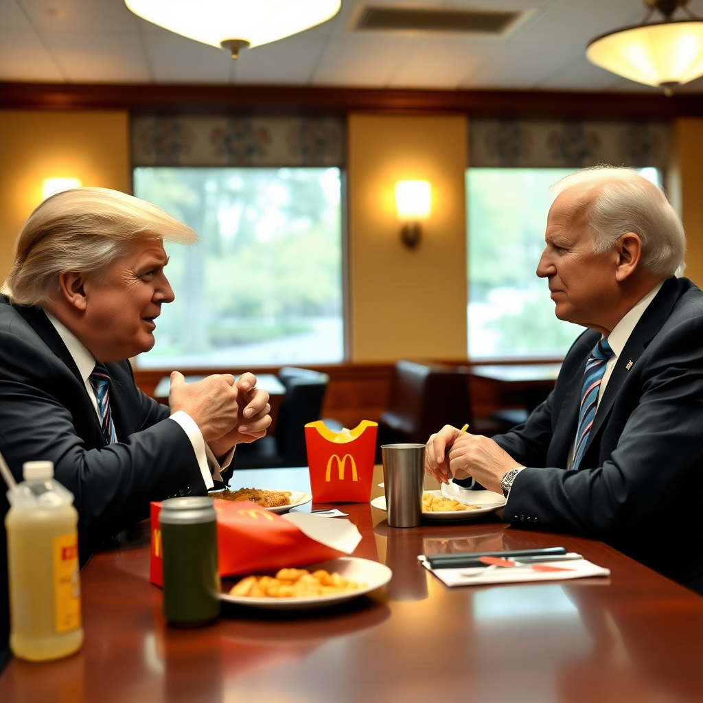 Donald Trump in a dining room eating McDonald's for breakfast with Joe Biden.