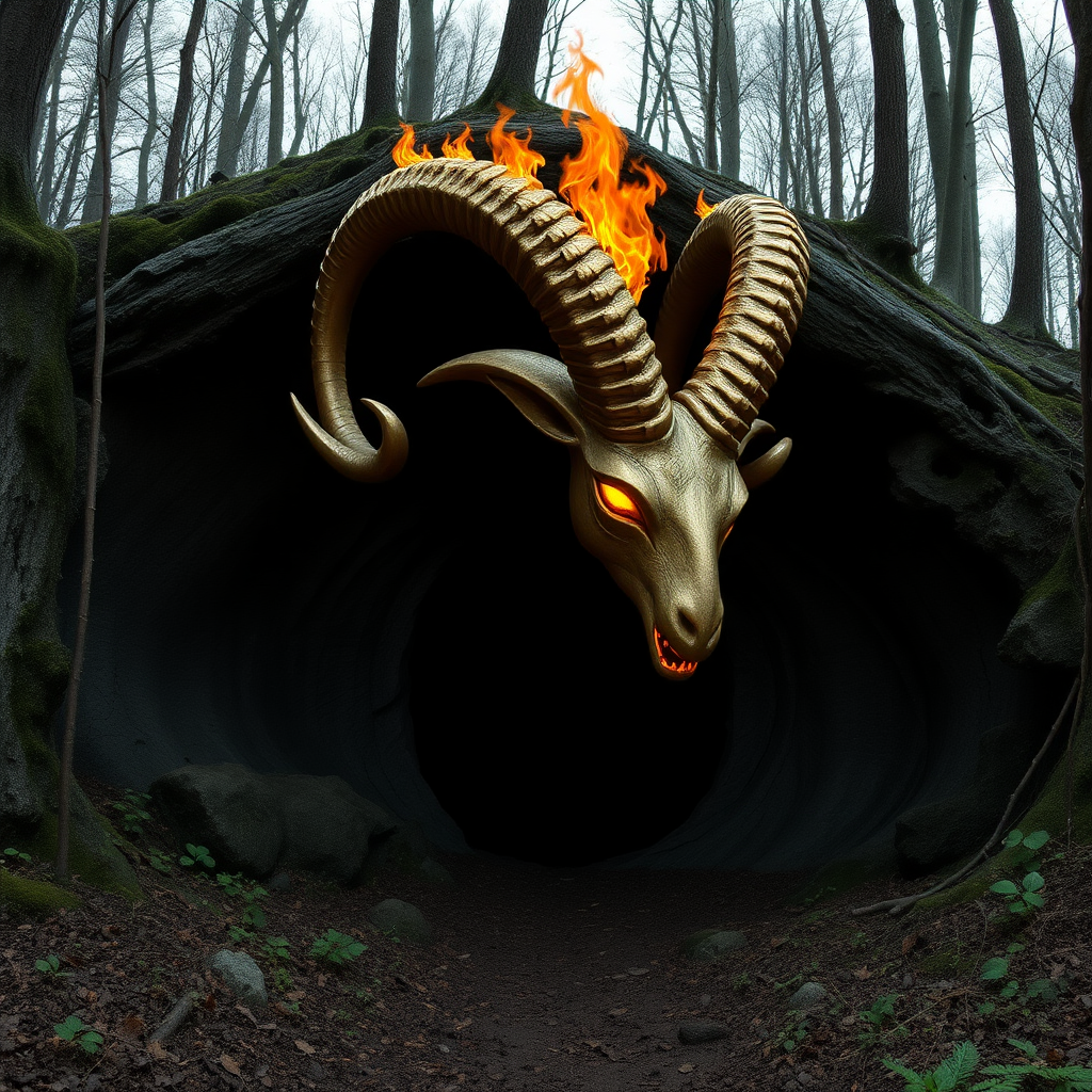 High quality, A dark cavern entrance in the middle of the woods that is shaped like a vagina/vulva, a golden-ram horn with burning eyes and mouth on top