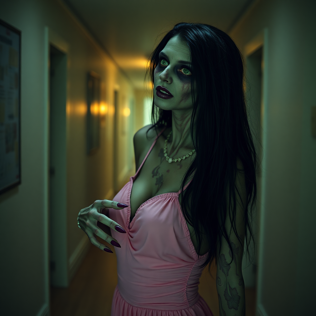 dawn of the dead, sexy skinny extremely horrific irish zombie woman, black raven hair, green glowing, perky boobs, purple nails, purple lips, all over her body rotten pale skin, wearing a pink dress standing in hallway, whole body shot