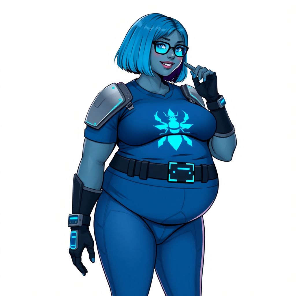 A 28-year-old, full-figured, Middle Gray skinned, computer program hybrid with a maximum blue bob cut. She has a clearly, non-athletic, full-figured build, highlighted by a prominent, round, large midsection (with heavy emphasis on her large belly). As the full-figured, nerdy, digital sidekick to her cyberpunk vigilante boyfriend, her metallic middle gray skin and maximum blue lipstick emphasize her digital nature. She wears a digital, computerized costume, consisting of a huge, tight-fitting, maximum blue t-shirt with a neon blue glowing chest icon of a beetle, digital shoulder pads with neon blue glowing accents, a black hi-tech belt with a digital neon blue glowing buckle, digital maximum blue pants with neon blue accents, and black hi-tech gloves with neon blue glowing accents. Her bright blue eyes, black eyeglasses with neon blue glowing lenses with a built-in HUD, and shy smile with neon red blush accentuate her nerdiness. She stands bashfully with one hand behind her back and the other hand gently touching her cheek, her costume covering all her skin and emphasizing her full-figured physique (especially her belly). She is clearly non-athletic, with a heavy focus on her large belly. Despite her build, she radiates beauty. She has a slim face compared to her physique, accentuating her radiant beauty. She is on a solid white background. She is drawn as if she were in a retro 2D cyberpunk fighting game.