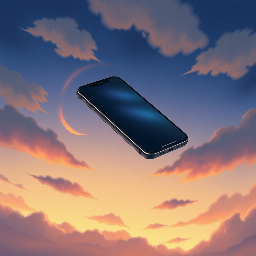 An iPhone flying through a twilight sky, in the style of a professional children's illustration, lots of detail