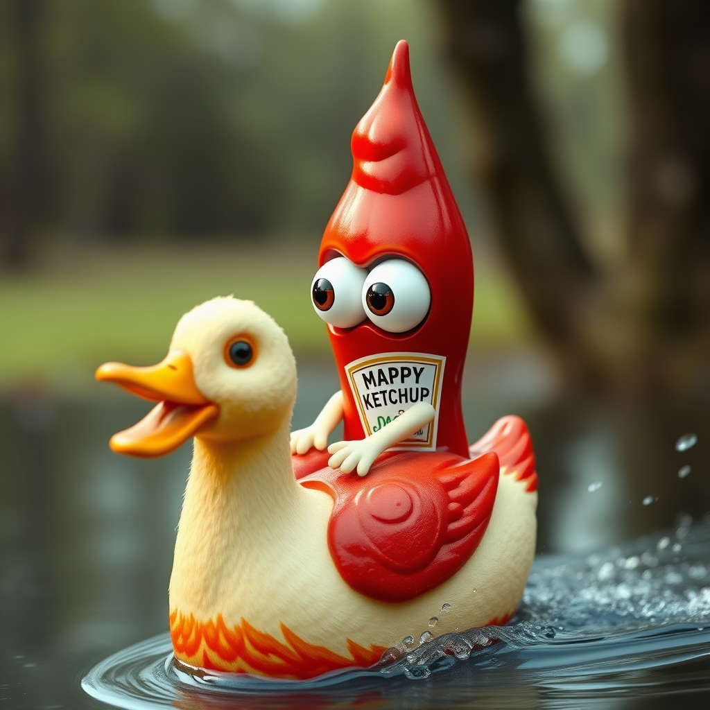 ash ketchup with huge eyes riding a duck