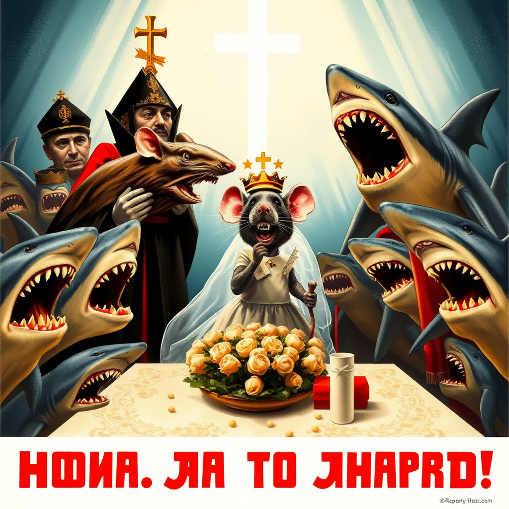 A rat wedding being attacked by sharks, Catholic, Soviet propaganda poster