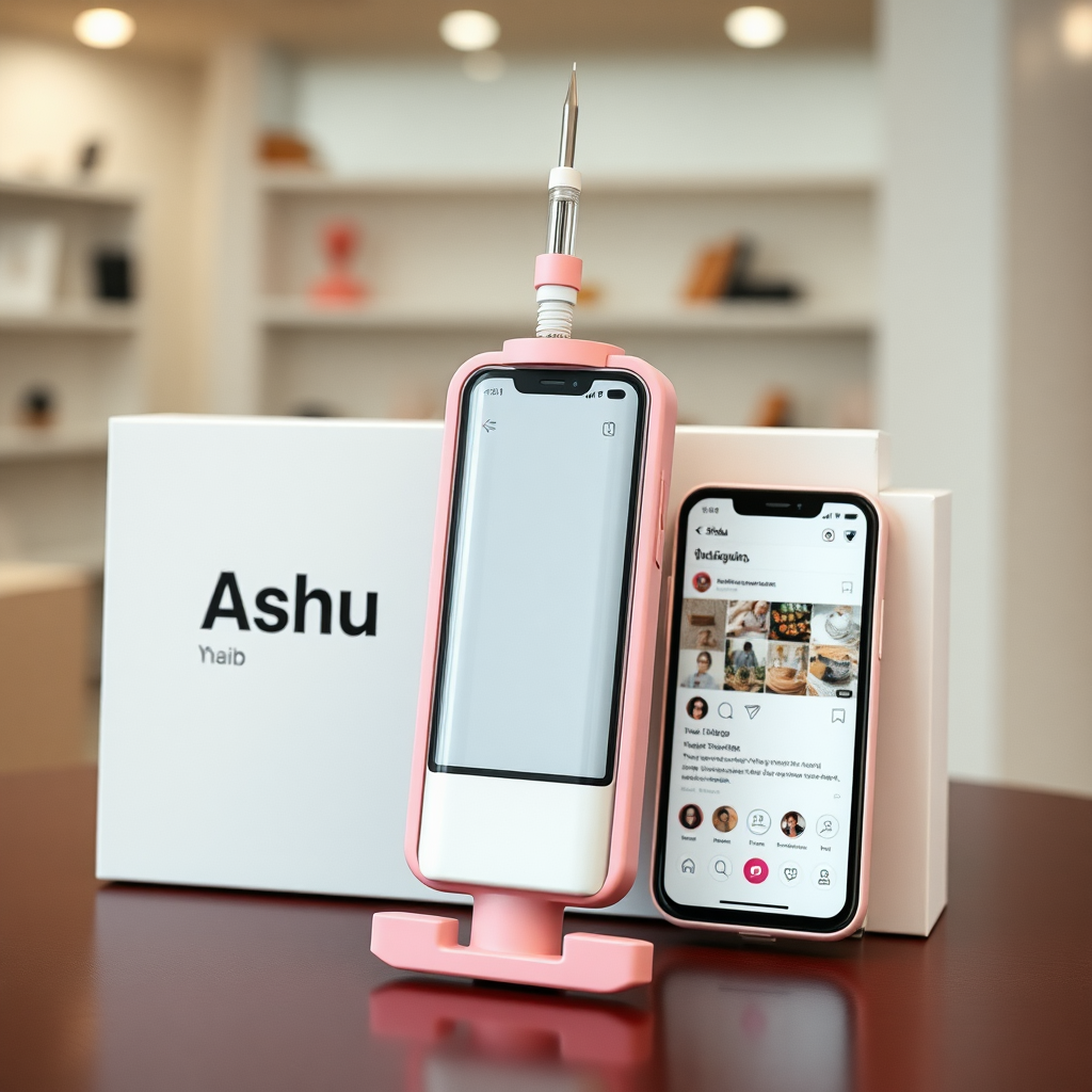 A close-up straight front view of a mobile phone in the shape inspired by a syringe, white pink futuristic, kept for sale leaning to a box with text Ashu and minimal design, in showroom, touchscreen phone with Instagram page open on screen, needle on top, whitepunk.