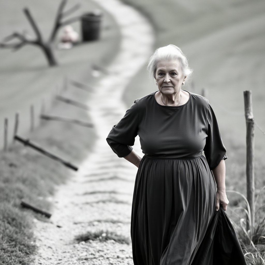 Elderly woman in a long dress in the Venetian countryside, hair tied up.