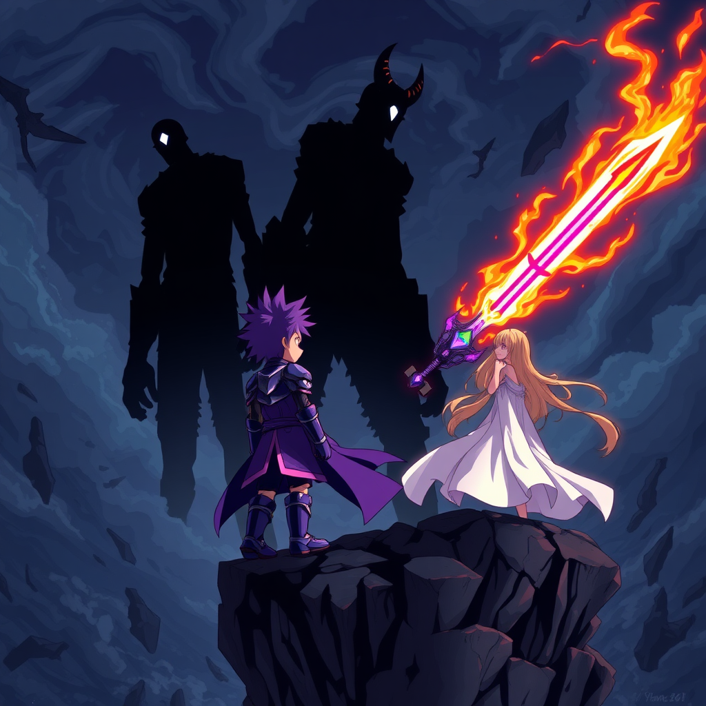 (Anime Style Pixel Art) In an apocalyptic world on the brink of collapse, the sky is dark and ominous, swirling with chaos as the ground disintegrates into an endless abyss. Three towering, humanoid beings known as *The Roaring Titans* loom menacingly in the distance, their forms composed entirely of black shadow, exuding pure darkness. Two of the massive titans are thin, stick-like figures, their single white lens-flare star-shaped eye glowing with a piercing light. The one in the center is grotesquely massive, with two jagged horns emerging from the void.

Standing defiantly on a crumbling, floating island backside is a teenage boy with spiky purple hair, clad in gleaming purple knight armor. In his hand, he grips a sword blazing with rainbow-colored flames, its brilliance cutting through the despair around him. Beside him, a young woman draped in flowing white robes with golden hair stands poised, both of them facing the looming titans, ready to confront the destruction together.