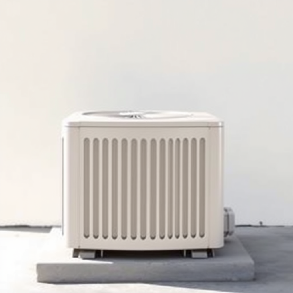 A simple, high-resolution, realistic image of a standard residential outdoor air conditioning unit or condenser. The unit should be placed on a flat surface, such as a concrete pad. The unit should be a neutral color like white, beige, or gray. The image should have a plain, uncluttered background to serve as a generic stock photo. No text.