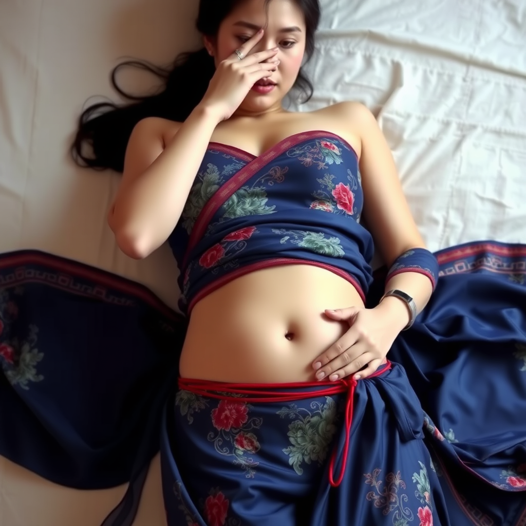 Chinese style beauty, belly wrap, lying flat.