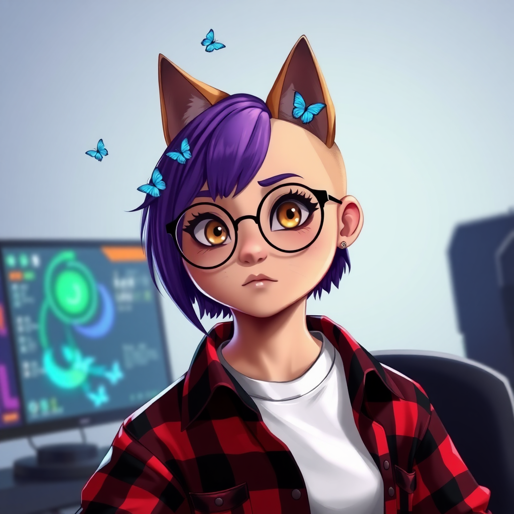 female lesbian cat-man flat chest serious chestnut color with small blue butterflies on her head, a round head, with a purple undercut hairstyle, hazel eyes, dimples on her cheeks, chubby cheeks, wearing semi-round glasses, a red and black checkered shirt open with a white t-shirt, in front of a gaming PC desk, in digital art