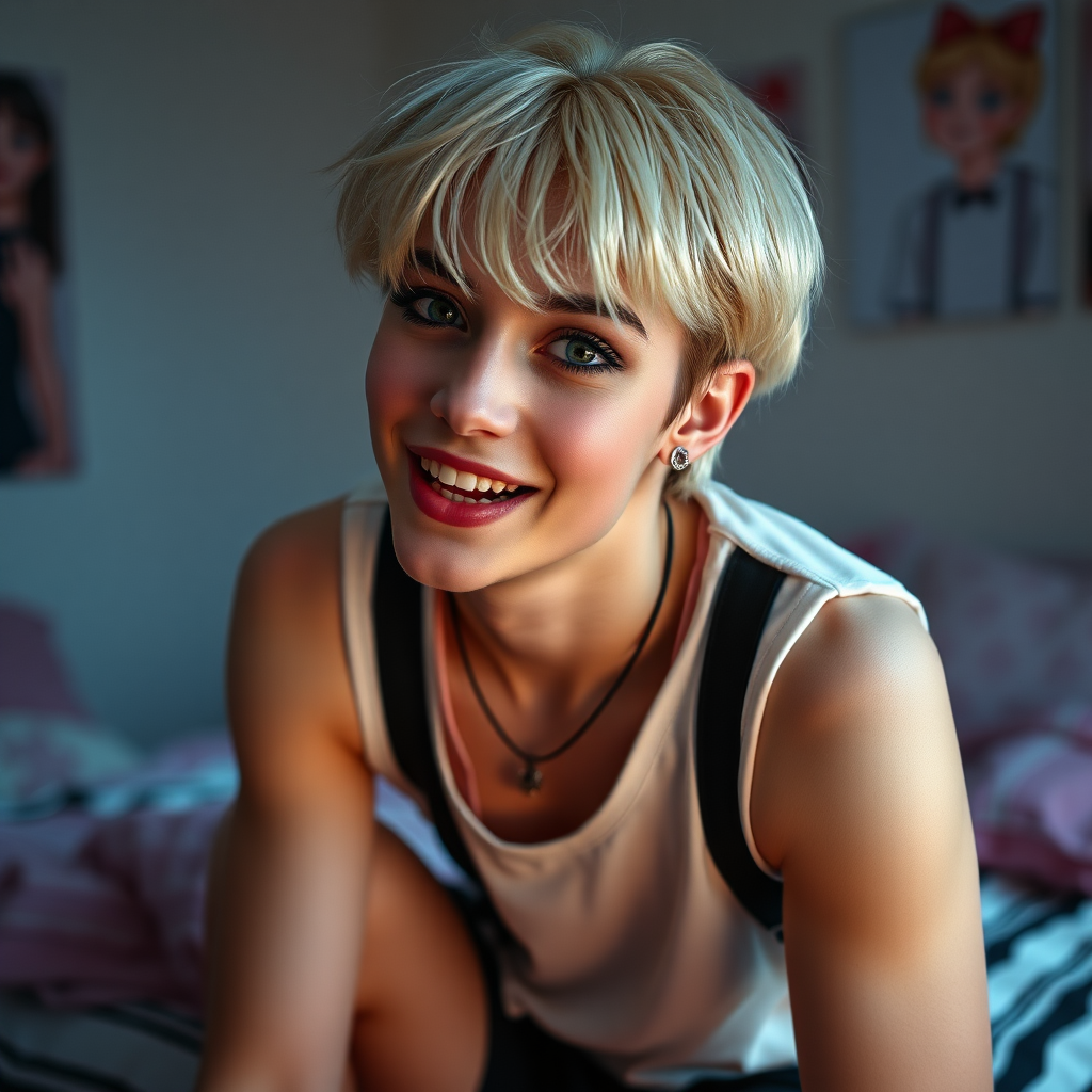 photorealistic, ultra high resolution, 16K, surreal fantasy, soft studio lighting, a pretty 16 year old goth male, slim male physique, short blonde hair, goth makeup, earrings, sheer pantyhose, girls-school uniform, Mary-Jane shoes, in the bedroom - , excited smile, facing the camera.