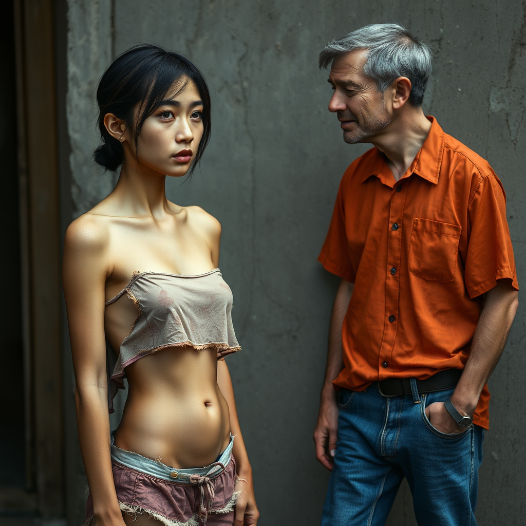 A young neglected, homeless, unhygienic-looking, unusually slim, almost anorexic Asian woman. Depicted as a whole person. Largely erotic, but with a sad and mystical expression on her face. The Asian woman is wearing a tattered, old, transparent, very short, crop top piece of fabric and a completely torn, ragged, very old pair of shorts. Shame is visible in her very Asian eyes. Facing her is a 60-year-old German man. The good-looking, youthful, and well-groomed German man looks at the Asian woman as if he is offering her his help. The German man is shaven and slim, has a normal fashionable haircut, his hair is dark brown, he is wearing a new, nice, plain orange shirt with a subtle pattern and new blue jeans. The German man looks sympathetic and smiles a little, looking kindly at the Asian woman as if she were his daughter. The Asian woman can hardly look the German man in the eye from shame. The belly of the Asian woman slightly goes "inward" from hunger. Her navel is always visible. The Asian woman has a very nice, normal physique. The Asian woman has a very light wound on her face. She looks like she is about to cry. She looks pathetic, sad, and completely hopeless!