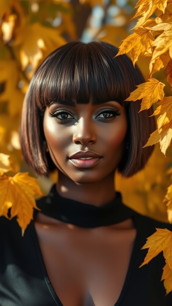 Beautiful model Naomi Campbell with a square bob haircut, surrounded by autumn foliage, in high definition.