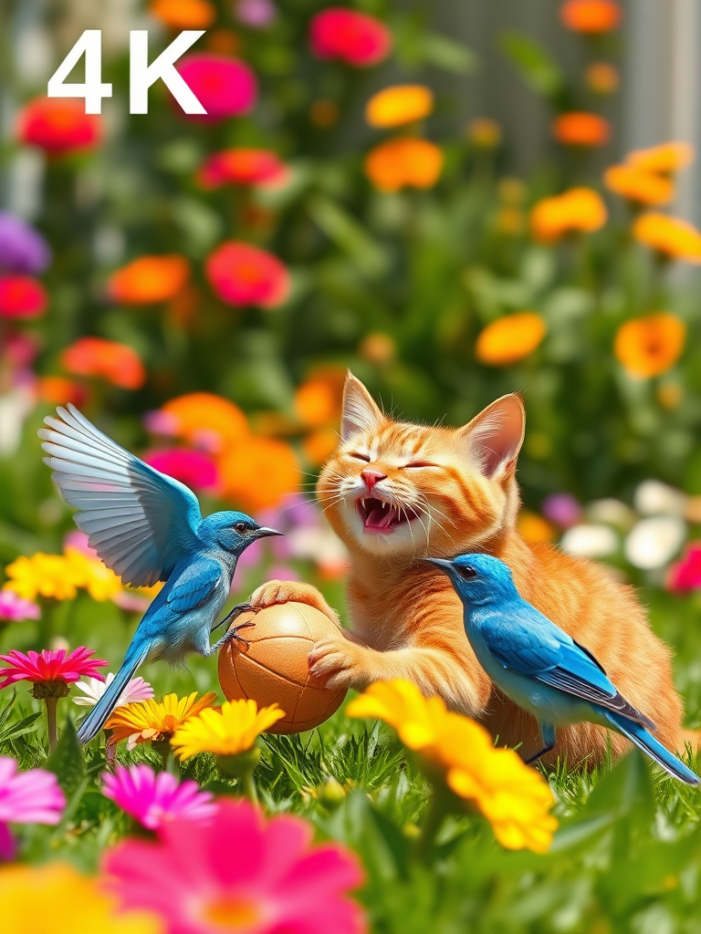 A realistic 4K scene of a Brown Cat and a Blue Bird happily playing with a ball together in a sunny garden. The cat is playfully batting the ball while the bird flutters nearby, both displaying joyful expressions. The colorful flowers and lush greenery in the background enhance the cheerful atmosphere of their playful reunion.