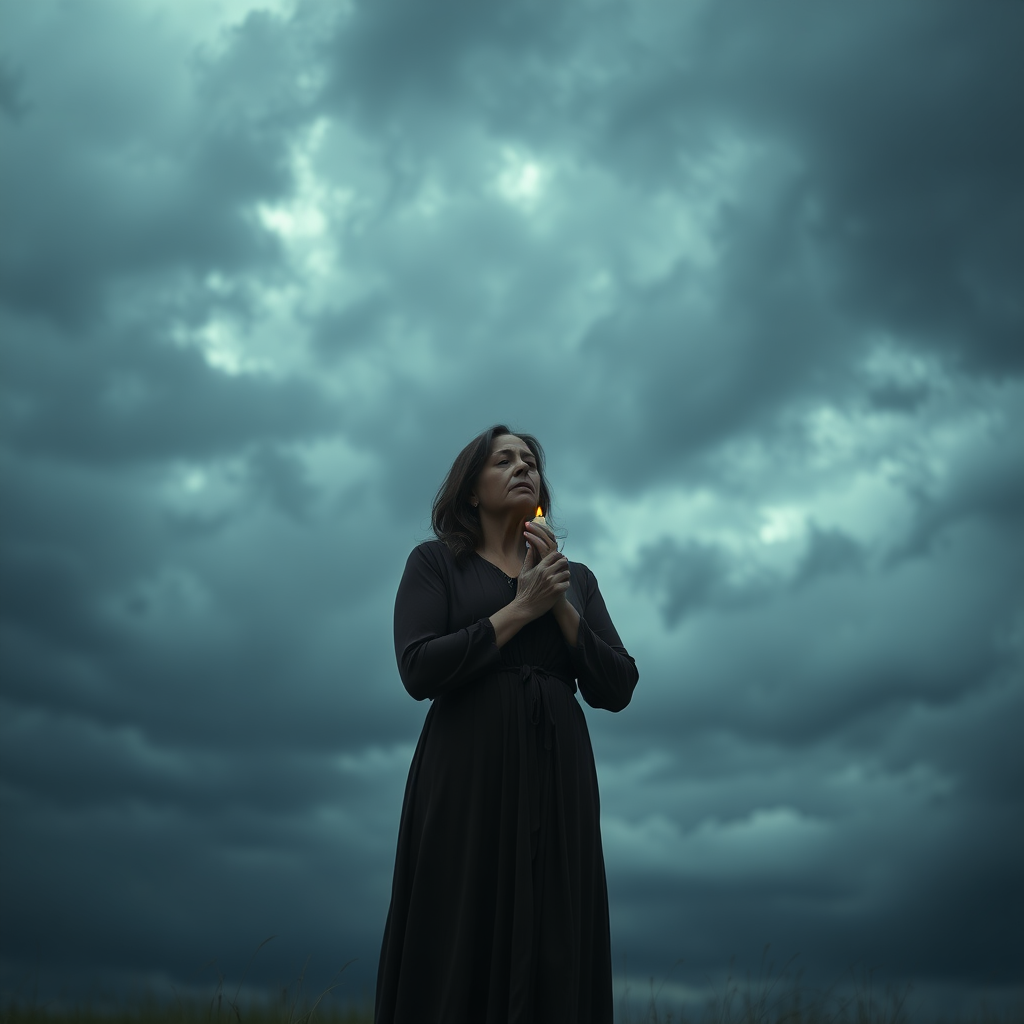 very cloudy black sky, middle-aged sad woman, in a long dress, praying with a candle in her hand