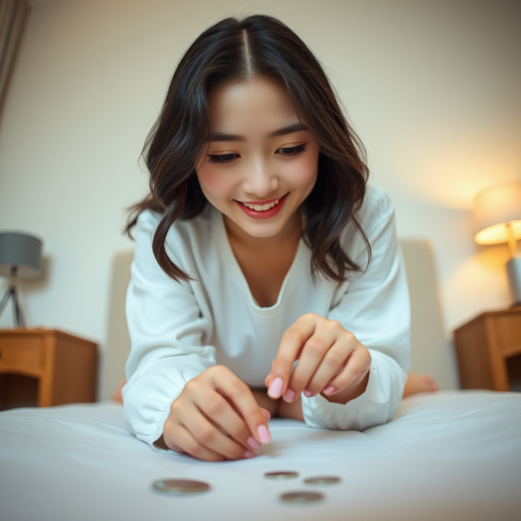 photo low angle full body shot beautiful xiaomeimei smiles looking down. She is kneeling on the bed reaching for a coin