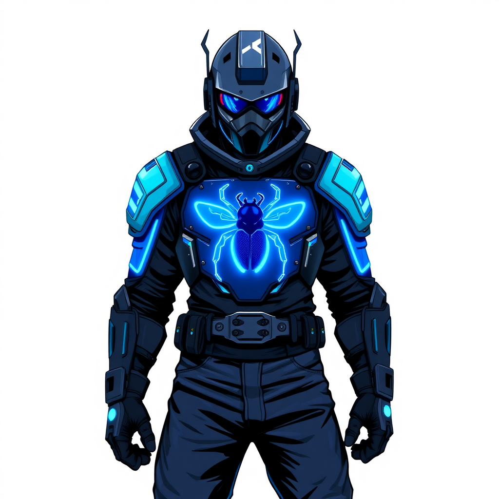 A 28-year-old cyberpunk vigilante stands heroically, clad in high-tech, maximum blue, light armor featuring a neon blue glowing beetle on the chest. They wear black biker pants, a black belt with a sapphire beetle buckle, and a head covering helmet resembling a sleek, tactical design, but colored maximum blue with neon blue glowing lenses. Their hands are protected by black metal gloves, all set against a solid white background. He is drawn as if he was in a retro 2D cyberpunk fighting game.