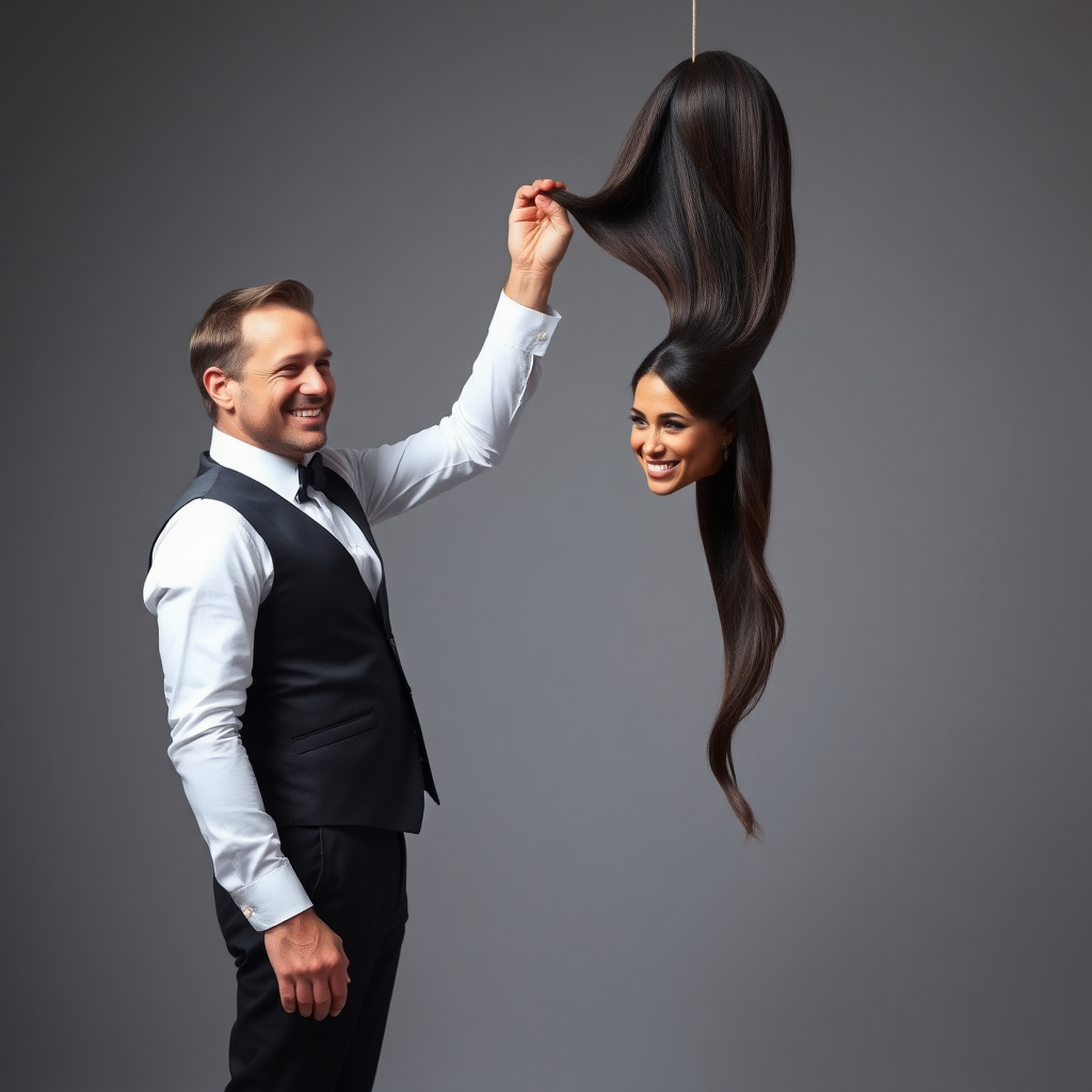 A surreal image of a smiling male magician standing to the side while holding up the disembodied head of a very long haired Meghan Markle by her hair to display it to the camera. He is grabbing her very long hair and pulling it up high in the air, while her head is hanging by her hair from his grasp. Plain gray background.