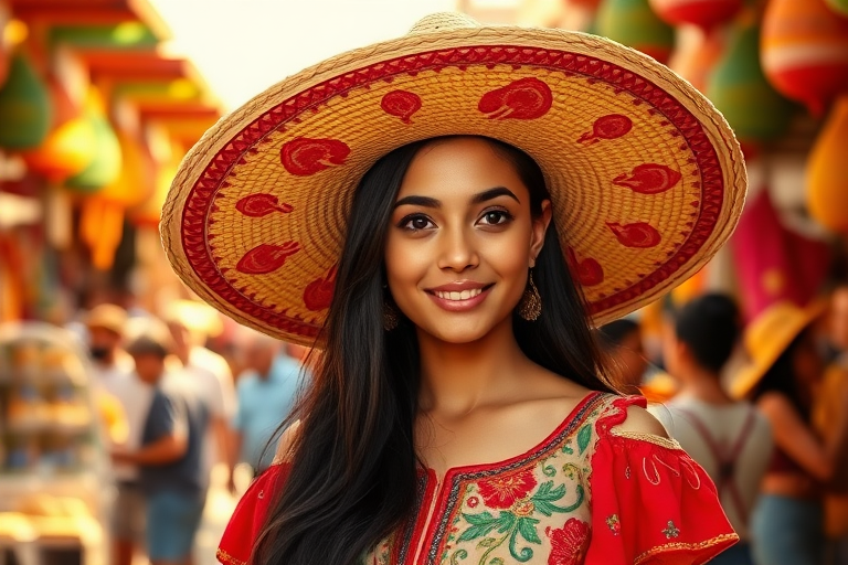 In the vibrant heart of a lively Mexican market, a broad and expansive sombrero hat, adorned with intricate patterns of bright reds and deep greens, casts a soft shadow over the sun-kissed skin of a young lady. Her long, flowing black hair cascades down her shoulders, shimmering in the golden sunlight as she playfully tilts the hat, creating a charming, whimsical aura. The straw of the sombrero is woven tightly, its texture slightly coarse but cool against the warm afternoon breeze. Around her, colorful stalls burst with the scents of freshly made tortillas and sweet churros, and the cheerful sounds of laughter and music fill the air. The young lady stands confidently, her vibrant embroidered blouse billowing softly as she addresses a group of friends, her eyes sparkling with joy and mischief, embodying the spirit of celebration in this bustling scene.