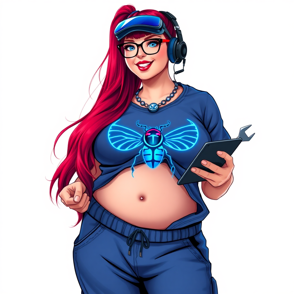 A cyberpunk vigilante’s full-figured intelligent and tech-savvy 29-year-old girlfriend, who is a computer hacker and tech genius. She has a long ruby red ponytail and bright blue eyes. She wears a sapphire beetle gemstone necklace, an oversized Maximum Blue (RGB 71, 171, 204) t-shirt featuring a giant neon blue chest icon of a winged beetle, and matching Maximum Blue sweatpants. She has a full-figured physique with an enormous, well-rounded midsection, reflecting her well-cared-for lifestyle. She sports a sapphire headset with a hi-tech Maximum Blue (RGB 71, 171, 204) lensed HUD visor, Maximum Blue (RGB 71, 171, 204) lipstick, black eyeglasses, and a beaming smile with a passionate bright red blush. Despite her figure and a lack of self-esteem, she radiates an air of beauty. She has an angular face which contributes to her radiant beauty. She serves as his tech expert from his hideout, holding a holographic tablet and a hi-tech tool wrench. The background is solid white. She is drawn as if she was in a retro 2D cyberpunk fighting game. Make sure her outfit covers all her bare skin (especially her enormous midsection).