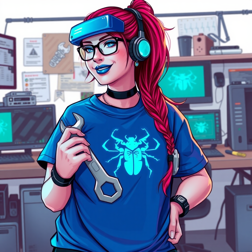 A cyberpunk vigilante’s full-figured intelligent and tech-savvy 29-year-old girlfriend, who is a computer hacker and tech genius. She has a long ruby red ponytail streaked with sky blue. She wears maximum blue lipstick, blue eyes, a sapphire beetle gemstone necklace, sapphire earrings, black eyeglasses, a futuristic holographic wristwatch computer, and an oversized maximum blue t-shirt featuring a neon blue beetle chest emblem. She has a full-figured, well-rounded physique with a prominent round midsection, reflecting her well-cared-for lifestyle. Her round midsection is broadened and bloated to emphasize her figure. She sports a sapphire headset with a high-tech maximum turquoise lensed HUD, and a shy smile with a neon red blush. She is holding a futuristic hi-tech wrench while standing in her workshop in front of her computer desk and work bench. The background is solid white. She is drawn as if she was in a retro 2D cyberpunk fighting game.