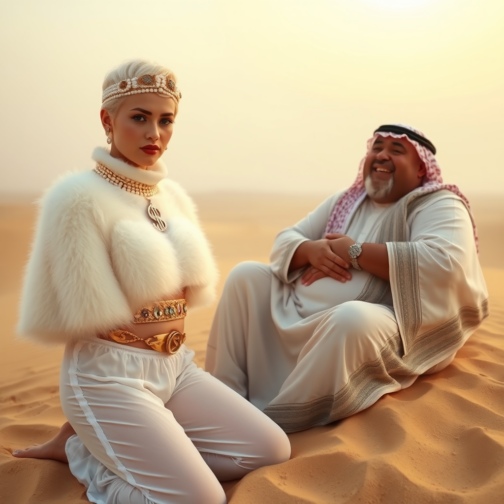 Kuwait desert dunes misty dawn: Melissa, European 17 years old very convincing femboy “trophy-bimbo”, tamed servile docile, very beautiful feminine flawless face, rather short boyish figure, platinum blond short tight curls, bold red lips, heavily made-up face, wearing Supertanya-style fluffy very fuzzy bright white angora turtleneck-poncho cropped ending under bust decorated with pearls and gemstones, striking oriental wide gold bridal protection belt, white fully transparent harem pants, full Oriental bridal jewelry with striking headpiece, full Oriental face-jewelry, striking diamond “$$$” letter brooch on left chest, pout frustrated, hands tied behind back, kneeling in sand, looking at camera. Focus on face and turtleneck-poncho. Sitting next embracing Melissa: older overweight mighty sheik laughing.