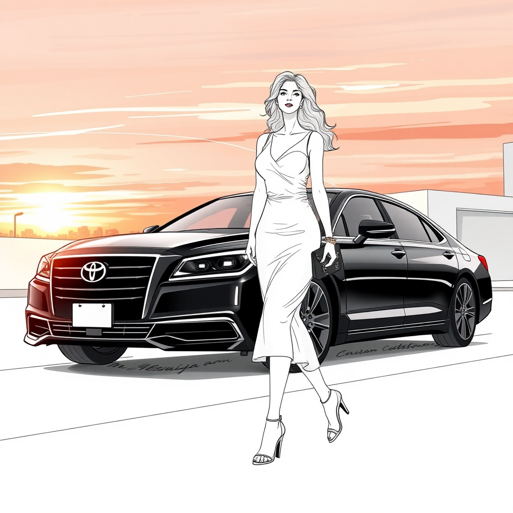 A black and white 16x9 storyboard sketch of a beautiful, upscale woman walking towards a sleek, black Toyota Crown. She exudes confidence and elegance, wearing a chic, well-fitted designer dress in soft tones, paired with luxury accessories like a leather handbag and subtle, sparkling jewelry. Her hair is styled in polished waves, perfectly complementing her sophisticated demeanor. The scene is set at sunset, with the warm, golden light casting long shadows and highlighting the glossy curves of the car. The sky glows with hues of orange, pink, and purple, reflecting off the car’s surface. The car is parked on a clean, wide street, surrounded by minimalist modern architecture. Soft city lights are just beginning to flicker on in the distance, enhancing the refined, serene atmosphere of the moment.