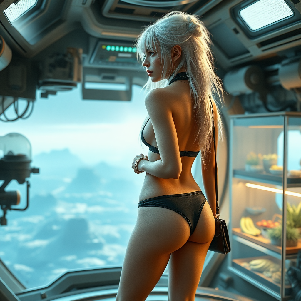 A full body shot from behind of a pretty twenty-something elf girl with a face resembling (ana de armas). large chest, wide hips, narrow waist, thick thighs, pale, freckles, messy long white hair. crop top, thong, cyberpunk 2077, space station, food terrarium, high heel ankle boots, collar, purse and jewelry. Photorealistic digital matte painting, soft focus, film grain, lens flare. She is looking through glass. landscape beyond.