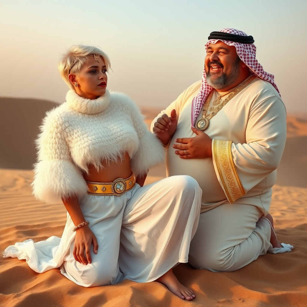 Kuwait desert dunes misty dawn: Melissa, European 17 years old very convincing femboy “trophy-bimbo”, tamed servile docile, very beautiful feminine flawless face, rather short boyish figure, platinum blond short tight curls, bold red lips, heavily made-up face, wearing Supertanya-style fluffy very fuzzy bright white angora turtleneck-poncho cropped ending under bust decorated with pearls and gemstones, striking oriental wide gold bridal protection belt, white fully transparent harem pants, full Oriental bridal jewelry with striking headpiece, full Oriental face-jewelry, striking diamond “$$$” letter brooch on left chest, pout frustrated, hands tied behind back, kneeling in sand with older overweight mighty sheik laughing, devotedly embracing Melissa..