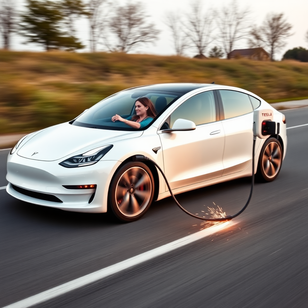 A woman driving a white Tesla with the charging cable still plugged into it because she forgot to unplug it before driving off. The car is in motion, on the road, with the entire Tesla Megacharger still attached, being dragged behind the car, sparking.