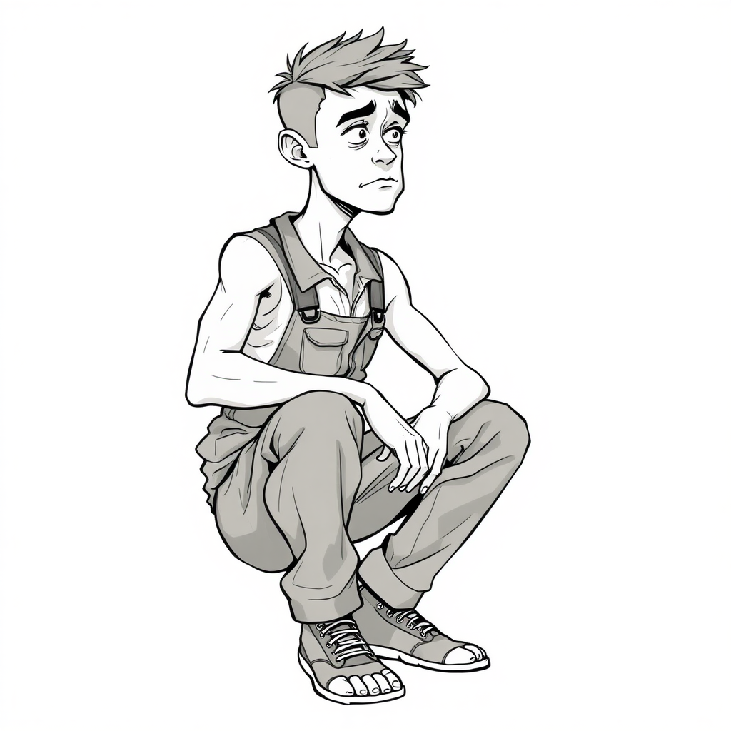 shy nervous small 18 year old european skinny man, coveralls, tense fabric, squatting, fascinated, side view, detailed feet, 2D, caricature, cartoon, Sketch lines, coloring book, coloring book