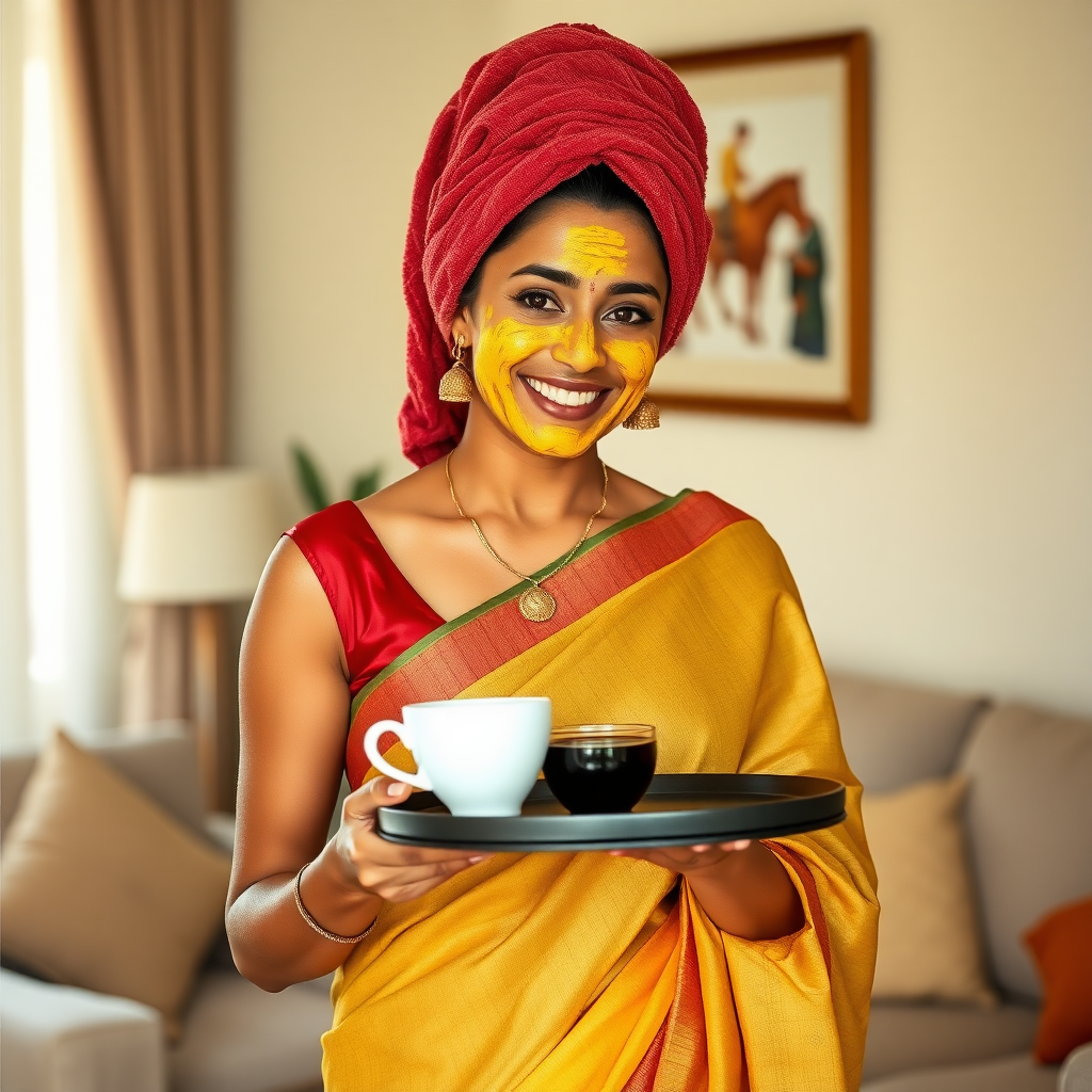 slim, 30 year old, indian Bride, towel head, turmeric face mask, saree. She is smiling and serving coffee on a tray in living room.