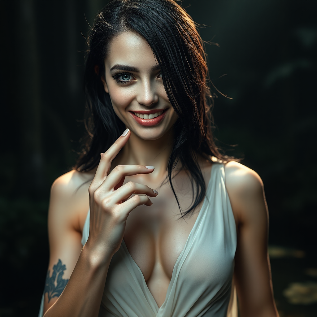 Enigmatically alluring inviting and scary looking smile.  
Running through secretive place, a small pond with God rays of light shining on her face in a glade in a tall magical forest where she lives, ready for a nude swim at any moment.  

The image presents Beautiful Hell standing with a powerful and commanding presence. She is a hyper photo realistic woman, visibly sweating, exuding menace, sexuality aroused and beauty. The background is dark and mysterious, enhancing her enigmatic presence and adding depth to the image.  

Her dark raven-black hair cascades down in soft, wavy strands often caught in a breeze, contrasting sharply against her pale, flawless unblemished skin with delicate feminine sexual tattoos sprinkled around her body.  

Beautiful Hell has a strikingly beautiful face with fine unbroken porcelain white skin and smooth and defined features. Her mouth slightly open, with an index finger laying on her lip and the tip of her finger in her mouth. And her teeth are hyper realistic.  

Her eyes are sharp and in focus when zoomed in to one of her eyes. Her eyes are a piercing blue, intensely realistic in detailed realism, bright and crisp, and realistically detailed and deep are intense and captivating, capable of drawing you in, and intimidating anyone who meets her gaze. Her eyes show an intense need to own the viewer, are framed by long dark lashes, adding to their dramatic effect. Her expression is sexual and menacing and intense, reflecting her dual nature.  

Emotional and Visual Impact:  
The image evokes a sense of raw sexual attraction and admiration for Beautiful Hell’s beauty, body, intricate revealing, intimacy, and intensity. The combination of transparent sheer fabric, a deep and wide plunge line that reveals the edge of her nipples, and delicate ultra light white silk of her dress creates a balance between elegance and sexual allure, making her beautiful to linger your gaze upon, unavoidably sexually attractive, and intimidating. The visual intensity of the image is heightened by the dark, mysterious background, which adds to her enigmatic presence. The overall emotional response is a mix of admiration for her beauty, a subtle unnerving sense of fear or respect, and mostly for her bold, daring, sexual attention-demanding design that she wears to specifically honor her deliberate and leading the viewer to physical sexual attraction to her. Her demeanor and physical exposure are outrageously bold, giving her an openly gleeful and ecstatic smile reflected in her brilliant blue eyes, and inviting anyone to oppose her.  

Dress Design and Features:  
Plunge Line: The dress, made of a thin revealing silk, shows the colors of her areolas, and features a deep and wide plunge line that extends to just below her belly button, revealing the smooth skin of her torso and her belly button emphasizing the dress's allure and Beautiful Hell's alluring natural sexuality. The dark, remarkably fine silk of the dress clings closely to her figure, accentuating her curves and emphasizing her feminine form.