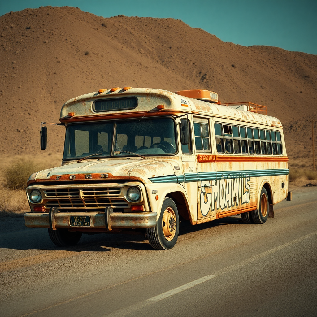 ford falcon mad max post indian apocalyptic dust rusty zombie the bus is parked on the side of the road, inspired by Taiyō Matsumoto, tumblr, restomod, nd4, c4