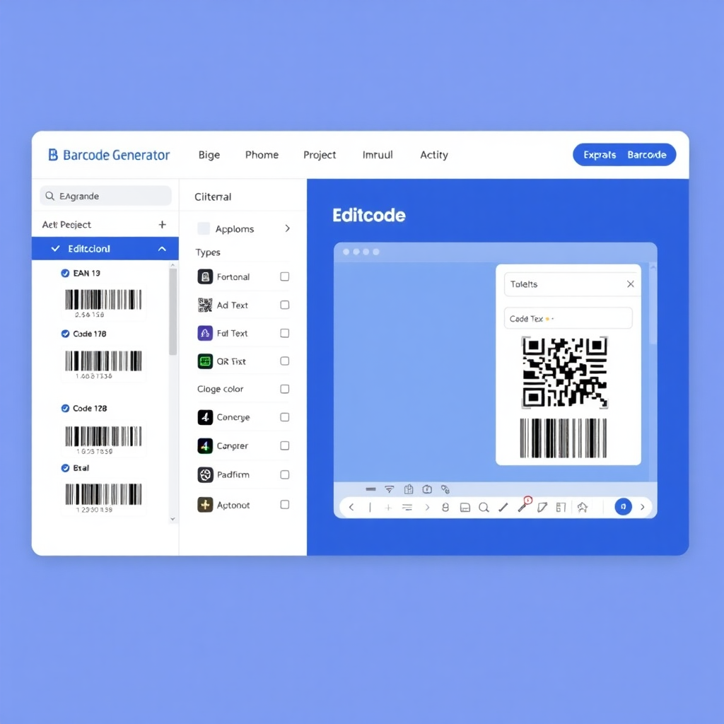 Design a professional user interface for a barcode generator tool website with the following elements:

Top Navigation Bar:
Display the website name "Barcode Generator"
Include user account icon and settings button
Left Sidebar:
Provide a list of different barcode types (e.g., EAN-13, QR Code, Code 128)
Clearly identify each type with icons and text
Main Editing Area:
Large preview window showing the generated barcode in real-time
Editing panel with input fields and basic configuration options
Bottom Toolbar:
Include various editing tools such as add text, resize, change color, etc.
Use intuitive icons to represent each tool
Action Buttons:
Place "Save Project" and "Export Barcode" buttons in the top right corner
Highlight these buttons with prominent colors
Overall Design Style:

Use deep blue as the primary color with a white background for a professional look
Adopt a flat design to ensure the interface is clean and readable
Add appropriate shadows and spacing to enhance visual hierarchy
Ensure responsive design to adapt to different screen sizes
Make sure the overall layout is intuitive and user-friendly, allowing users to quickly get started with the tool.